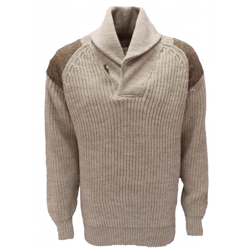 British Wool Byreman - Chunky knit Shawl Collar Sweater with Harris Tweed patches